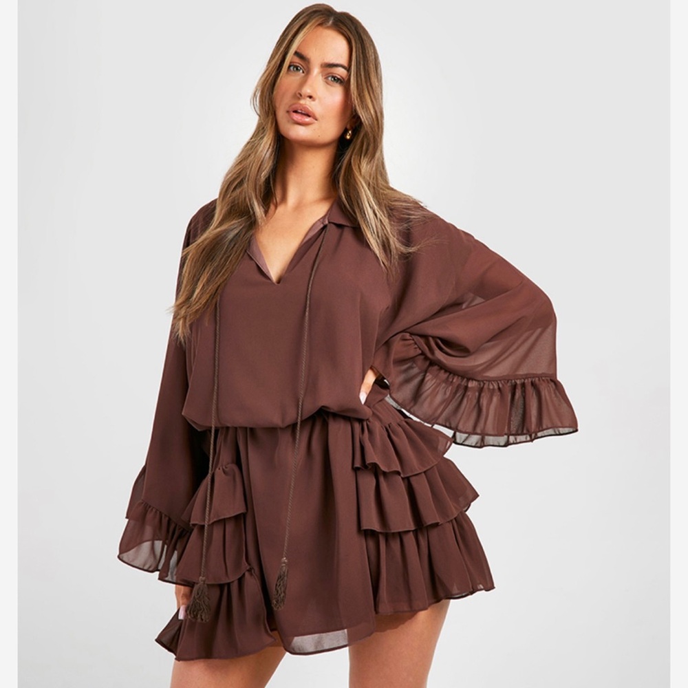 NWOT Boohoo Brown Ruffle Mini Dress (belt not included)